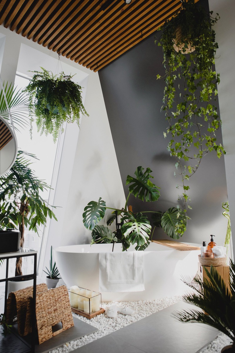 Luxurious bathroom featuring a freestanding tub surrounded by lush greenery, wood accents, and soothing decor, promoting a serene atmosphere.